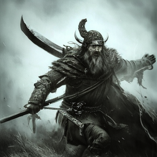 Viking emerging from the fog of battle, Highly Detailed, Color Splash, Ink Art, Fantasy, Dark by Stanley Artgerm Lau