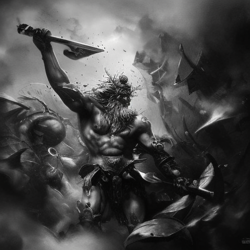 Zeus emerging from the fog of battle, Highly Detailed, Color Splash, Ink Art, Fantasy, Dark by Stanley Artgerm Lau