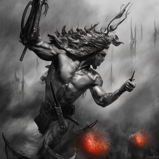 Achilles emerging from the fog of battle, Highly Detailed, Color Splash, Ink Art, Fantasy, Dark by Stanley Artgerm Lau