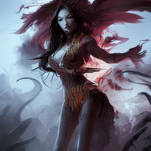 Fire Sorceress emerging from the fog of battle, Highly Detailed, Color Splash, Ink Art, Fantasy, Dark by Stanley Artgerm Lau