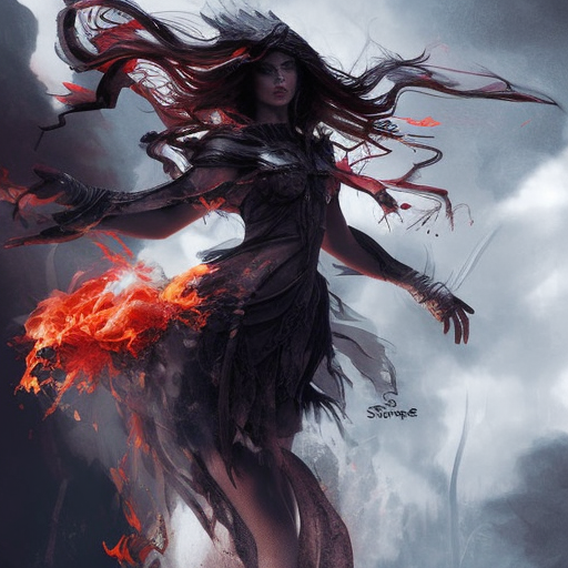Sorceress emerging from a firey fog of battle, Highly Detailed, Color Splash, Ink Art, Fantasy, Dark by Stanley Artgerm Lau