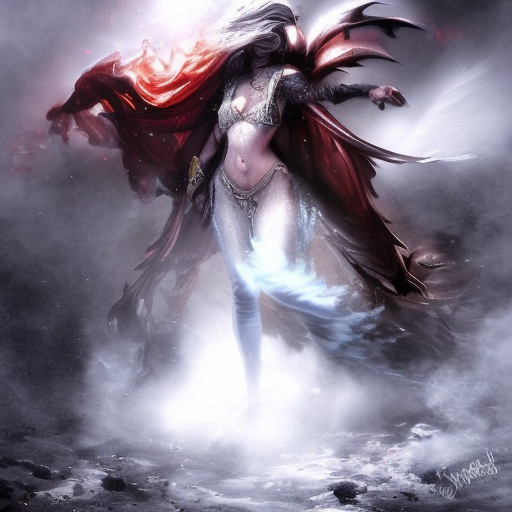 Ice Mage emerging from a firey fog of battle, Highly Detailed, Color Splash, Ink Art, Fantasy, Dark by Stanley Artgerm Lau