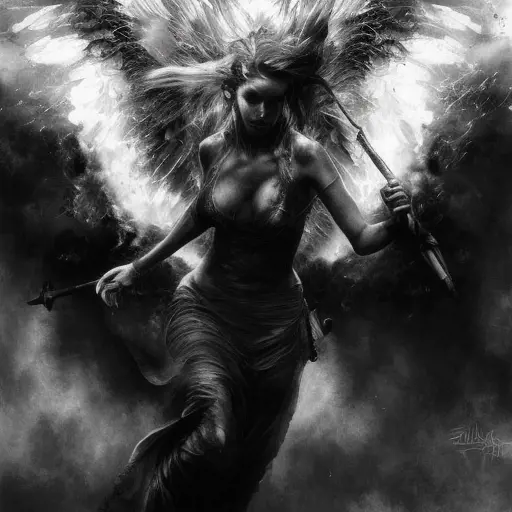 Angel emerging from a firey fog of battle, Highly Detailed, Color Splash, Ink Art, Fantasy, Dark by Stanley Artgerm Lau