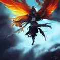 Winged Mage emerging from a firey fog of battle, Highly Detailed, Color Splash, Ink Art, Fantasy, Dark by Stanley Artgerm Lau