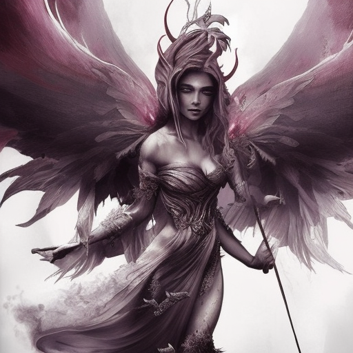 Winged Sorceress emerging from a firey fog of battle, Highly Detailed, Color Splash, Ink Art, Fantasy, Dark by Stanley Artgerm Lau