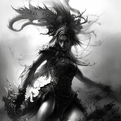 Goddess emerging from the fog of battle, Highly Detailed, Color Splash, Ink Art, Fantasy, Dark by Stanley Artgerm Lau