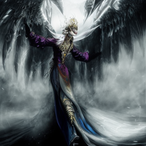 Winged Ice Mage emerging from the fog of battle, Highly Detailed, Color Splash, Ink Art, Fantasy, Dark by Stanley Artgerm Lau