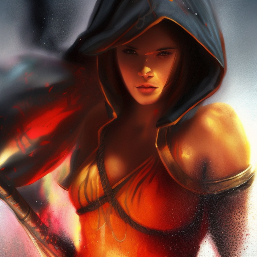 Kassandra from Assassin's Creed emerging from a firey fog of battle, Highly Detailed, Color Splash, Ink Art, Fantasy, Dark by Stanley Artgerm Lau