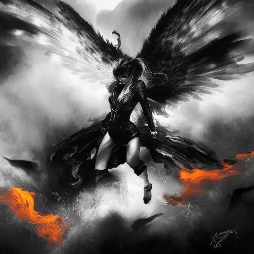 Dark Angel emerging from a firey fog of battle, Highly Detailed, Color Splash, Ink Art, Fantasy, Dark by Stanley Artgerm Lau