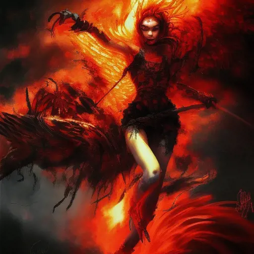 Dark Angel emerging from a firey fog of battle, Highly Detailed, Color Splash, Ink Art, Fantasy, Dark by Stanley Artgerm Lau