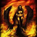 Dark Angel emerging from a firey fog of battle, Highly Detailed, Color Splash, Ink Art, Fantasy, Dark
