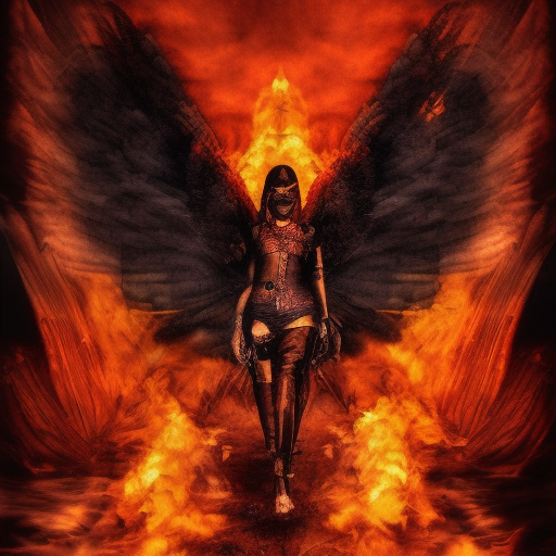 Dark Angel emerging from a firey fog of battle, Highly Detailed, Color Splash, Ink Art, Fantasy, Dark
