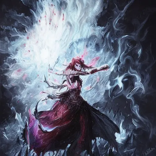 Ice Mage emerging from a firey fog of battle, ink splash, Highly Detailed, Vibrant Colors, Ink Art, Fantasy, Dark by Stanley Artgerm Lau