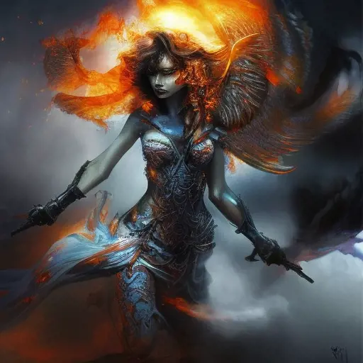 Angel emerging from a firey fog of battle, ink splash, Highly Detailed, Vibrant Colors, Ink Art, Fantasy, Dark by Stanley Artgerm Lau