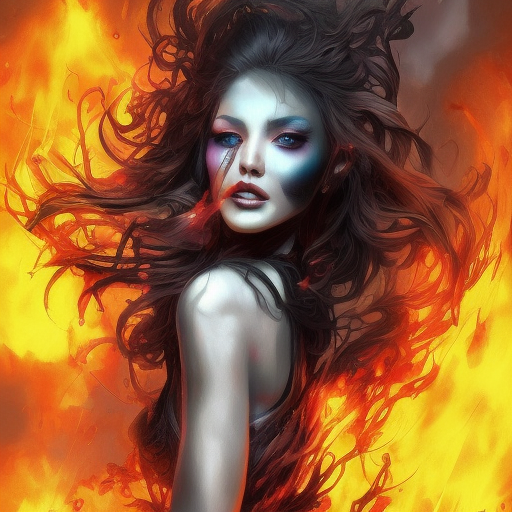 Witch emerging from a firey fog of battle, ink splash, Highly Detailed, Vibrant Colors, Ink Art, Fantasy, Dark by Stanley Artgerm Lau