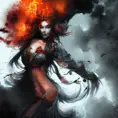 Witch emerging from a firey fog of battle, ink splash, Highly Detailed, Vibrant Colors, Ink Art, Fantasy, Dark by Stanley Artgerm Lau