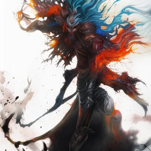 Wraith emerging from a firey fog of battle, ink splash, Highly Detailed, Vibrant Colors, Ink Art, Fantasy, Dark by Stanley Artgerm Lau