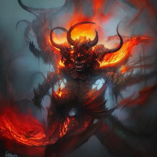 Demon emerging from a firey fog of battle, ink splash, Highly Detailed, Vibrant Colors, Ink Art, Fantasy, Dark by Stanley Artgerm Lau