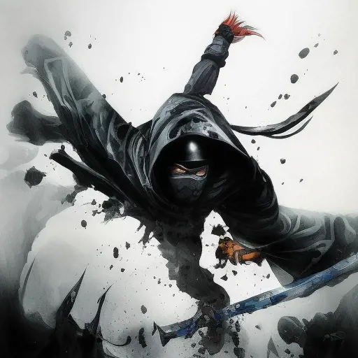 Hooded Ninja emerging from the fog of war, ink splash, Highly Detailed, Vibrant Colors, Ink Art, Fantasy, Dark by Stanley Artgerm Lau