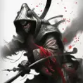 Hooded Samurai emerging from the fog of war, ink splash, Highly Detailed, Vibrant Colors, Ink Art, Fantasy, Dark by Stanley Artgerm Lau