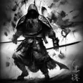 Hooded Samurai emerging from the fog of war, ink splash, Highly Detailed, Vibrant Colors, Ink Art, Fantasy, Dark by Stanley Artgerm Lau