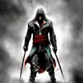 Hooded Rogue from Assassin's Creed emerging from the fog of war, ink splash, Highly Detailed, Vibrant Colors, Ink Art, Fantasy, Dark by Stanley Artgerm Lau