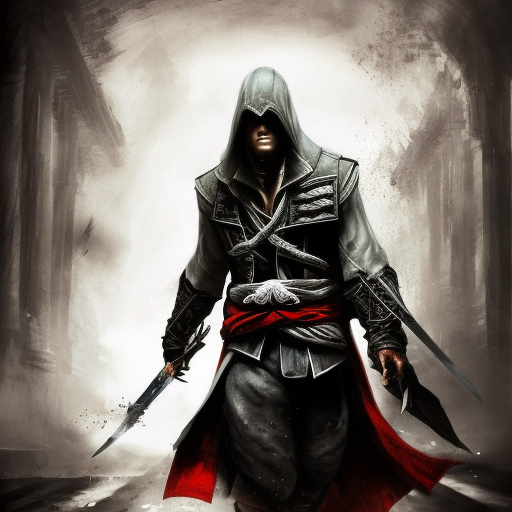 Hooded Rogue from Assassin's Creed emerging from the fog of war, ink splash, Highly Detailed, Vibrant Colors, Ink Art, Fantasy, Dark by Stanley Artgerm Lau