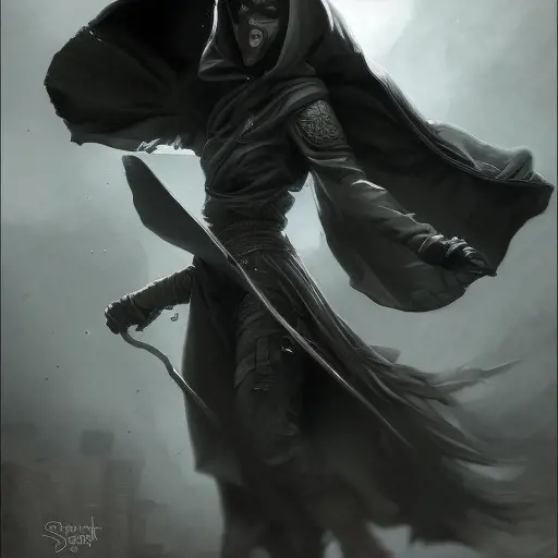 Hooded Rogue emerging from the fog of war, ink splash, Highly Detailed, Vibrant Colors, Ink Art, Fantasy, Dark by Stanley Artgerm Lau