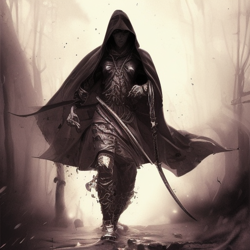 Hooded Mage emerging from the fog of war, ink splash, Highly Detailed, Vibrant Colors, Ink Art, Fantasy, Dark by Stanley Artgerm Lau