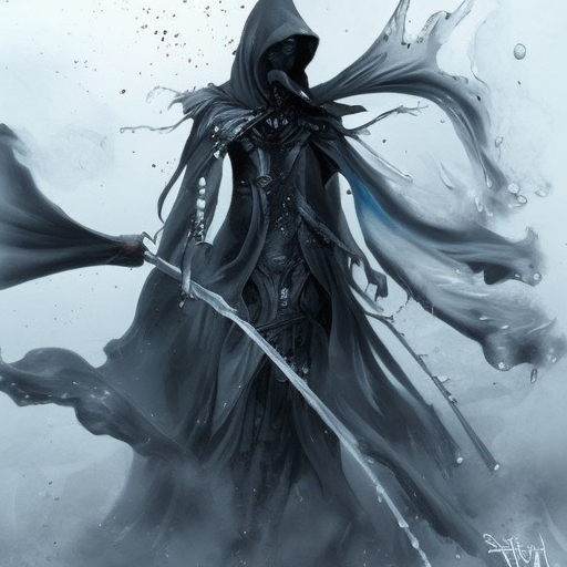 Hooded Ice Mage emerging from the fog of war, ink splash, Highly Detailed, Vibrant Colors, Ink Art, Fantasy, Dark by Stanley Artgerm Lau