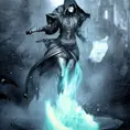 Hooded Ice Mage emerging from the fog of war, ink splash, Highly Detailed, Vibrant Colors, Ink Art, Fantasy, Dark by Stanley Artgerm Lau