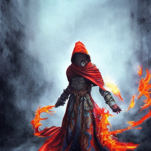 Hooded Fire Mage emerging from the fog of war, ink splash, Highly Detailed, Vibrant Colors, Ink Art, Fantasy, Dark by Stanley Artgerm Lau