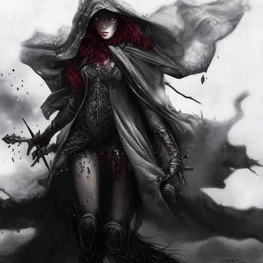 Hooded Witch emerging from the fog of war, ink splash, Highly Detailed, Vibrant Colors, Ink Art, Fantasy, Dark by Stanley Artgerm Lau