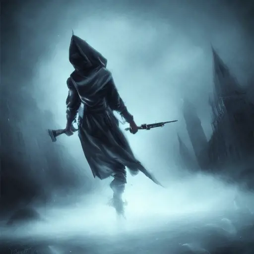Hooded Ghost emerging from the fog of war, ink splash, Highly Detailed, Vibrant Colors, Ink Art, Fantasy, Dark by Stanley Artgerm Lau