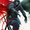 Hooded ninja emerging from the fog of war, ink splash, Highly Detailed, Vibrant Colors, Ink Art, Fantasy, Dark by Stanley Artgerm Lau