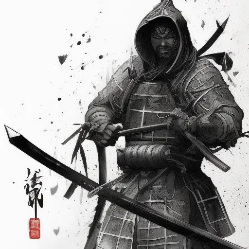 Hooded samurai emerging from the fog of war, ink splash, Highly Detailed, Vibrant Colors, Ink Art, Fantasy, Dark by Stanley Artgerm Lau