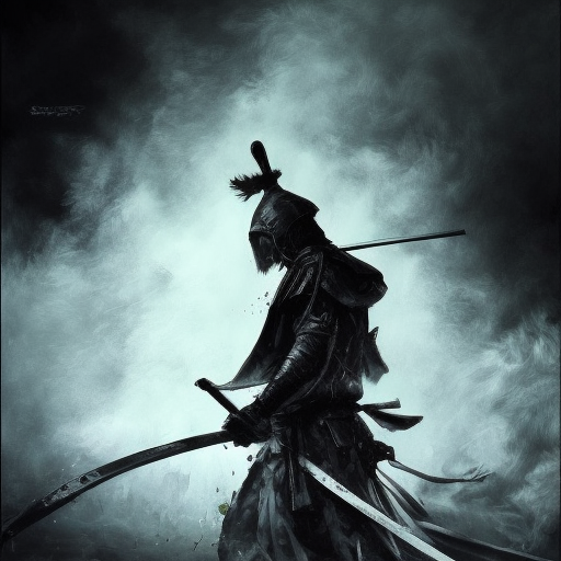 Hooded samurai emerging from the fog of war, ink splash, Highly Detailed, Vibrant Colors, Ink Art, Fantasy, Dark by Stanley Artgerm Lau