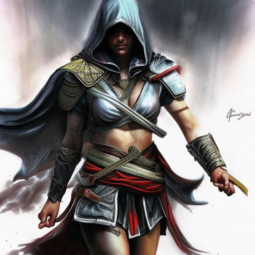 Hooded Kassandra from Assassin's Creed emerging from the fog of war, ink splash, Highly Detailed, Vibrant Colors, Ink Art, Fantasy, Dark by Stanley Artgerm Lau