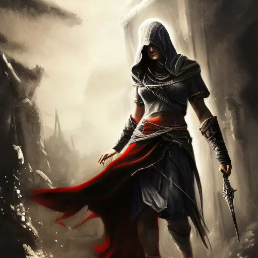 Hooded Kassandra from Assassin's Creed emerging from the fog of war, ink splash, Highly Detailed, Vibrant Colors, Ink Art, Fantasy, Dark by Stanley Artgerm Lau