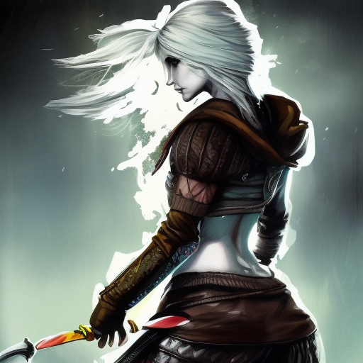 Hooded Ciri from the Witcher emerging from the fog of war, ink splash, Highly Detailed, Vibrant Colors, Ink Art, Fantasy, Dark by Stanley Artgerm Lau