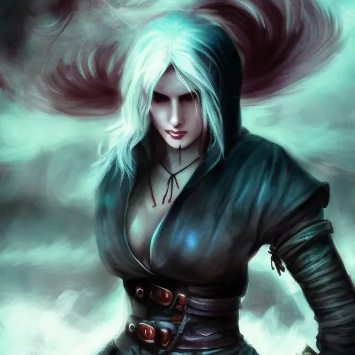 Hooded Ciri from the Witcher emerging from the fog of war, ink splash, Highly Detailed, Vibrant Colors, Ink Art, Fantasy, Dark by Stanley Artgerm Lau