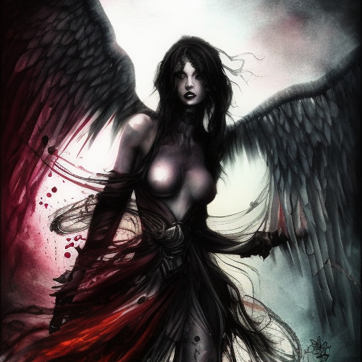 Angel of Death, armed with daggers emerging from the fog of war, ink splash, Highly Detailed, Vibrant Colors, Ink Art, Fantasy, Dark by Stanley Artgerm Lau