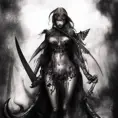 Angel of Death, armed with daggers emerging from the fog of war, ink splash, Highly Detailed, Vibrant Colors, Ink Art, Fantasy, Dark by Stanley Artgerm Lau