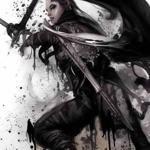 Assassin, armed with daggers emerging from the fog of war, ink splash, Highly Detailed, Vibrant Colors, Ink Art, Fantasy, Dark by Stanley Artgerm Lau