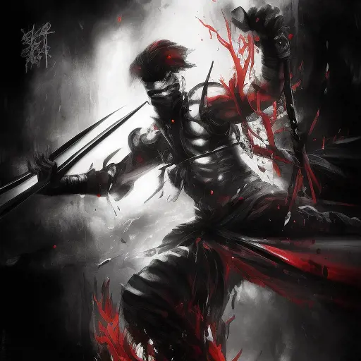 Black Ninja, armed with daggers emerging from the fog of war, ink splash, Highly Detailed, Vibrant Colors, Ink Art, Fantasy, Dark by Stanley Artgerm Lau