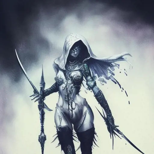 White Assassin, armed with daggers emerging from the fog of war, ink splash, Highly Detailed, Vibrant Colors, Ink Art, Fantasy, Dark by Stanley Artgerm Lau