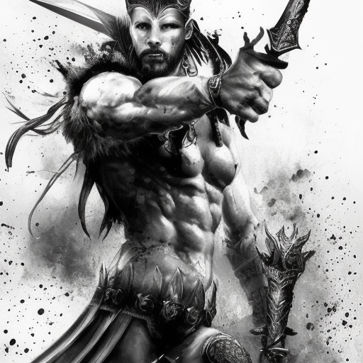 White Gladiator, armed with daggers emerging from the fog of war, ink splash, Highly Detailed, Vibrant Colors, Ink Art, Fantasy, Dark by Stanley Artgerm Lau