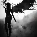 Dark Angel Silhouette emerging from the fog of war, ink splash, Highly Detailed, Vibrant Colors, Ink Art, Fantasy, Dark by Stanley Artgerm Lau