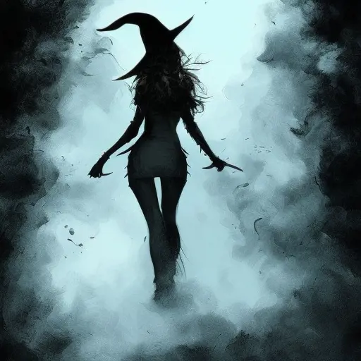 Silhouette of a Witch emerging from the fog of war, ink splash, Highly Detailed, Vibrant Colors, Ink Art, Fantasy, Dark by Stanley Artgerm Lau