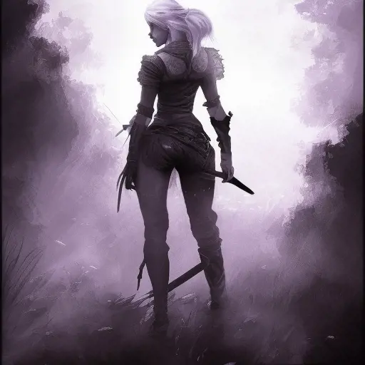 Silhouette of Ciri emerging from the fog of war, ink splash, Highly Detailed, Vibrant Colors, Ink Art, Fantasy, Dark by Stanley Artgerm Lau